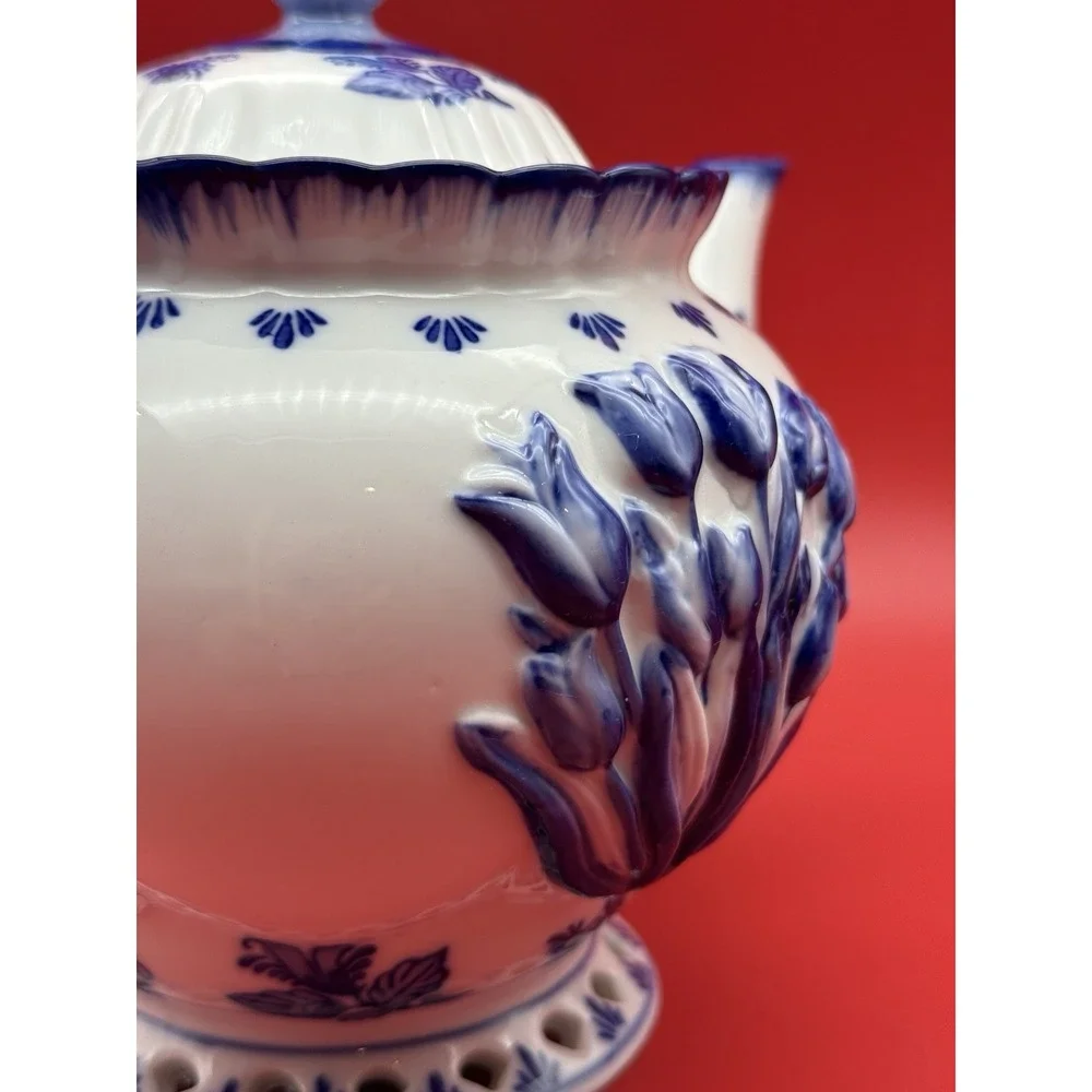 Vintage Delft Blue Teapot Raised Tulips Holland Hand Painted